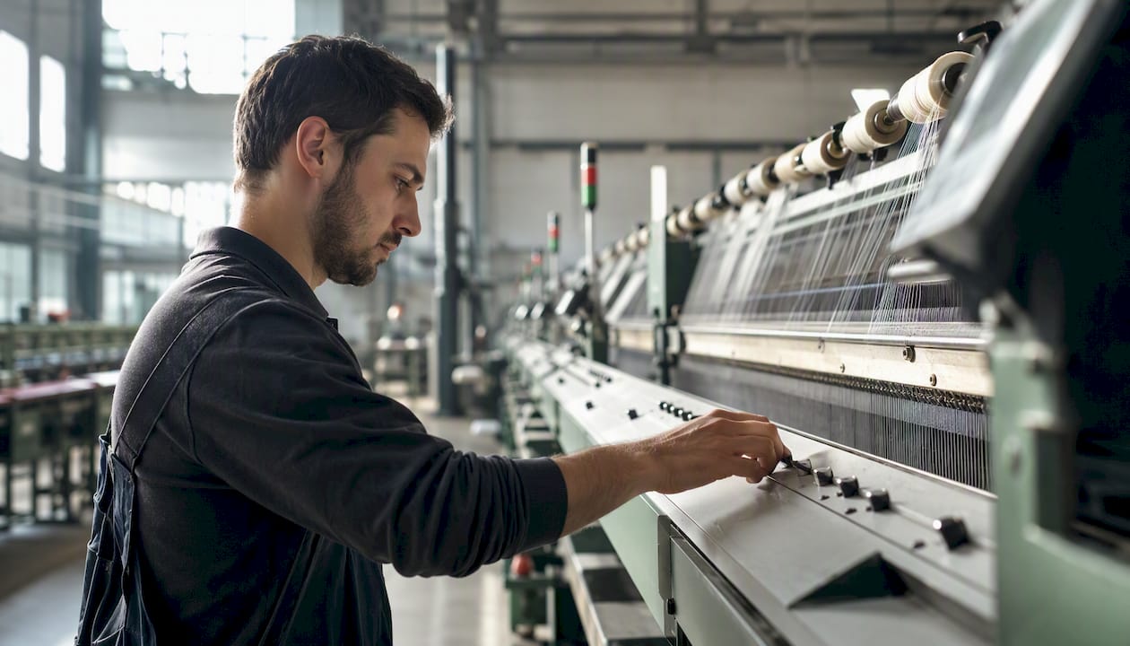 Unas manos ajustan los controles de una máquina textil