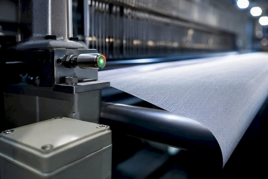 Sensor industrial instalado junto a una máquina textil
