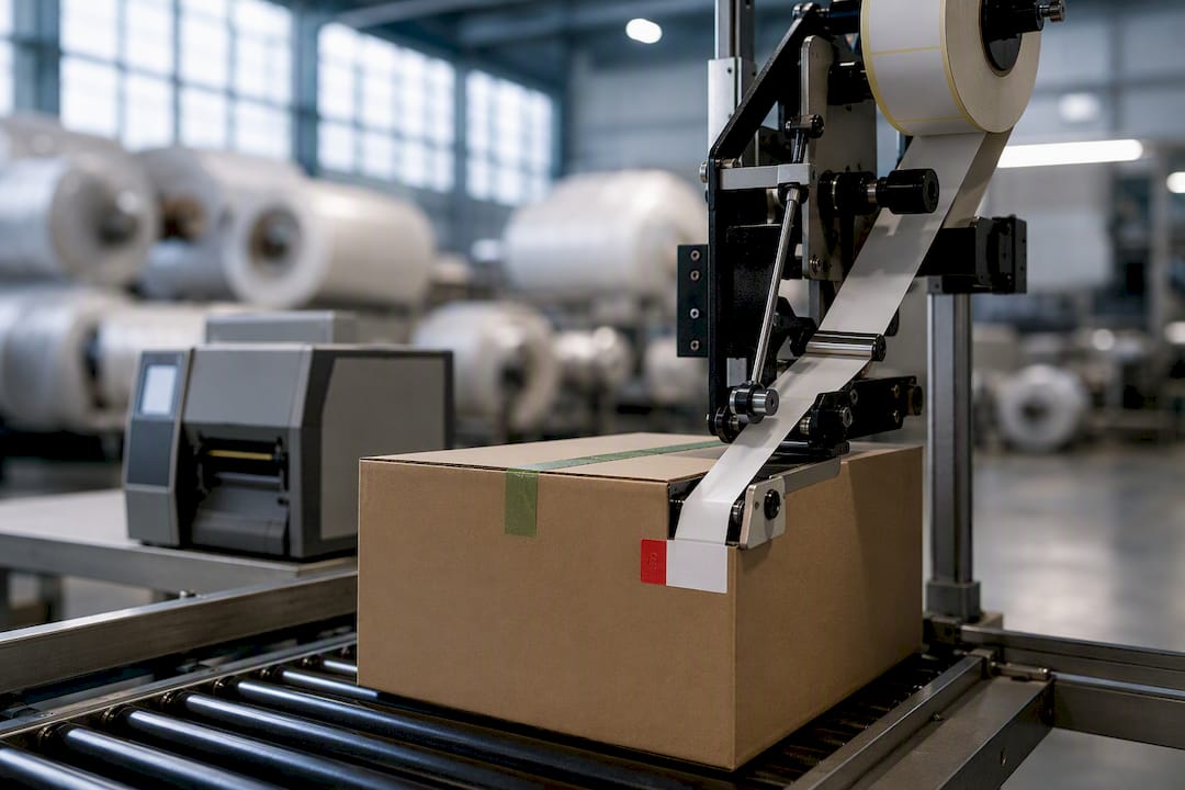 Línea textil con colocación automática de etiquetas