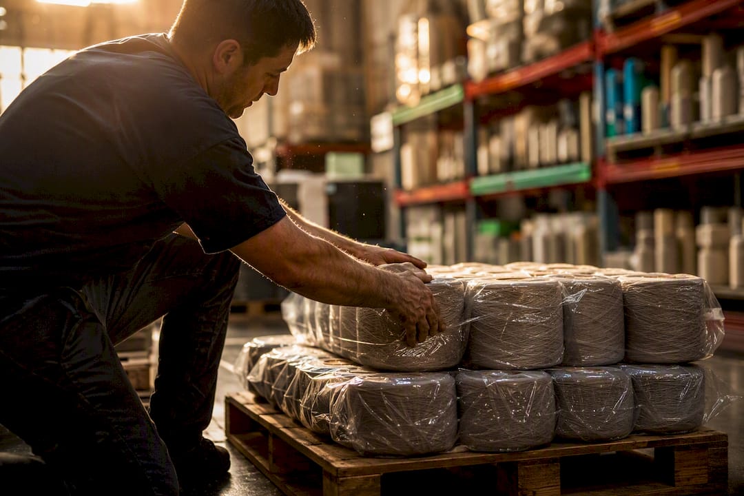 Manos clasificando ovillos de hilo en una fábrica textil