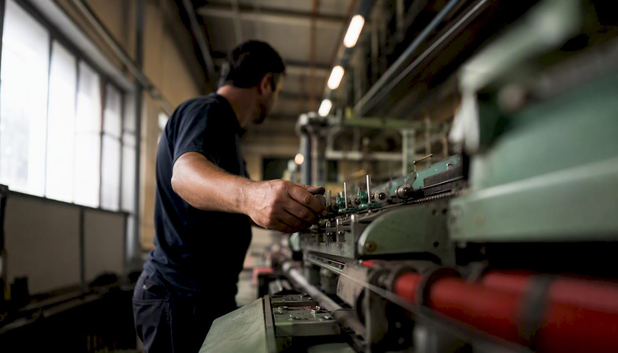 Un operario realiza ajustes en los controles de una máquina textil.