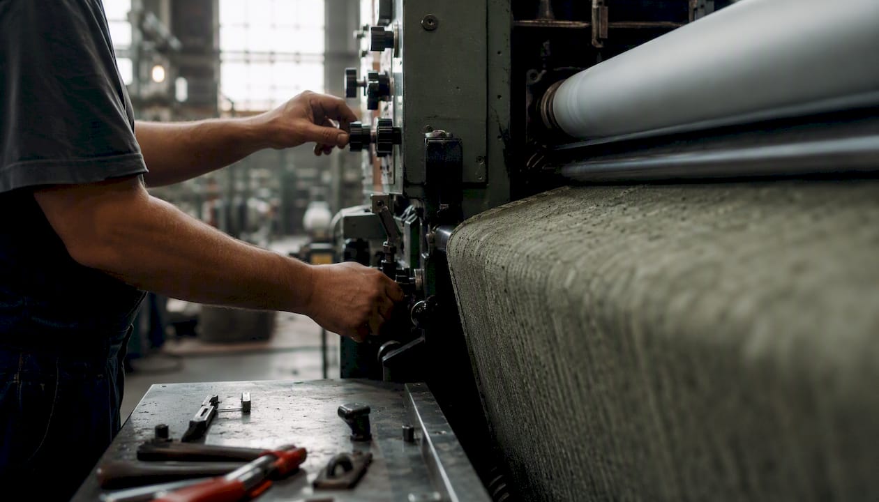 Unas manos regulan los controles de una máquina textil.