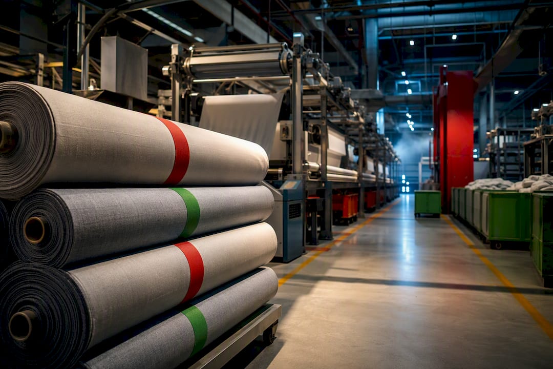 Lote textil recorriendo una fábrica industrial