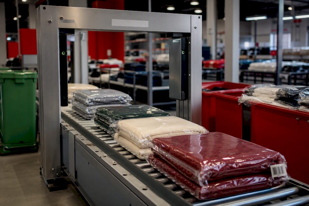 Paquetes textiles pasando por lectura RFID