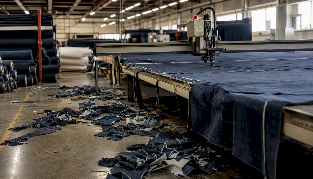 Retazos de tela sobrantes sobre la mesa de corte en la fábrica textil.