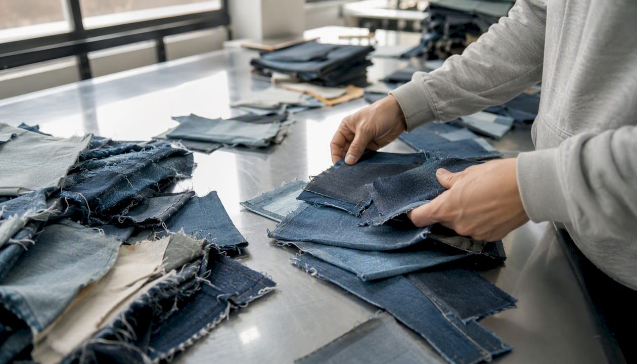 Unas manos seleccionan y organizan retazos de mezclilla según su tamaño.