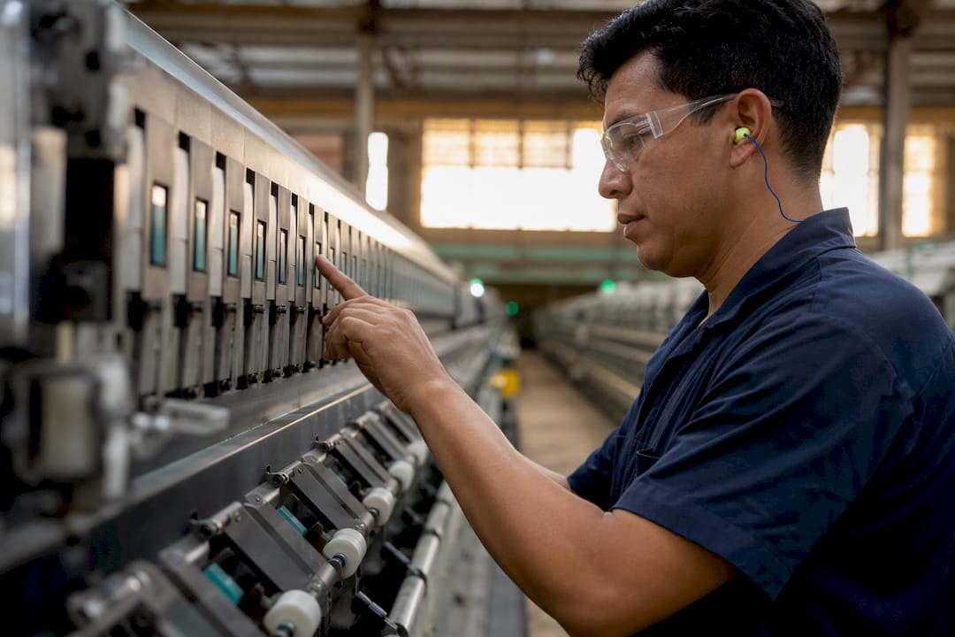 Manos revisando los sensores de una máquina textil