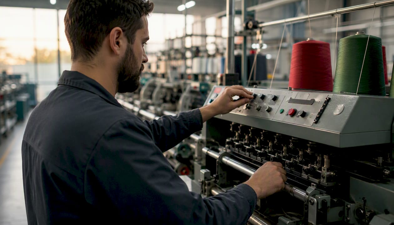 Un trabajador realiza ajustes en una máquina dentro de la fábrica textil.