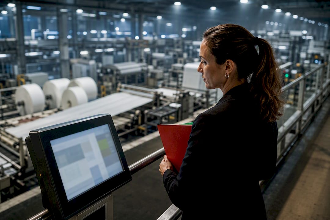 Directora supervisando una fábrica textil conectada
