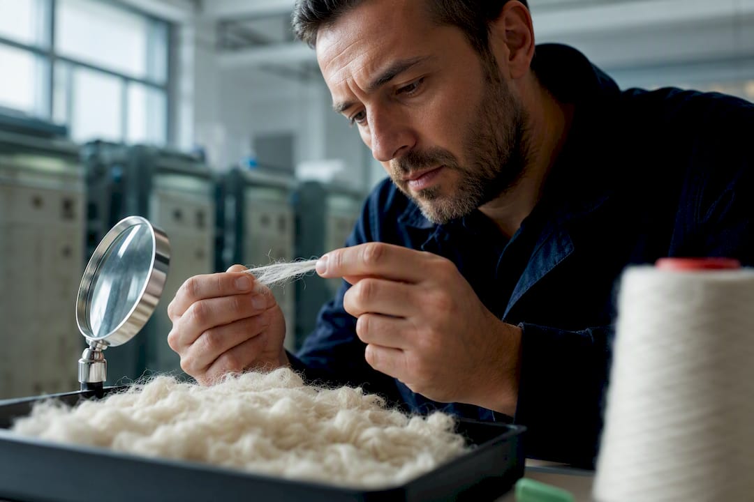 Técnico inspeccionando defectos en la fibra textil