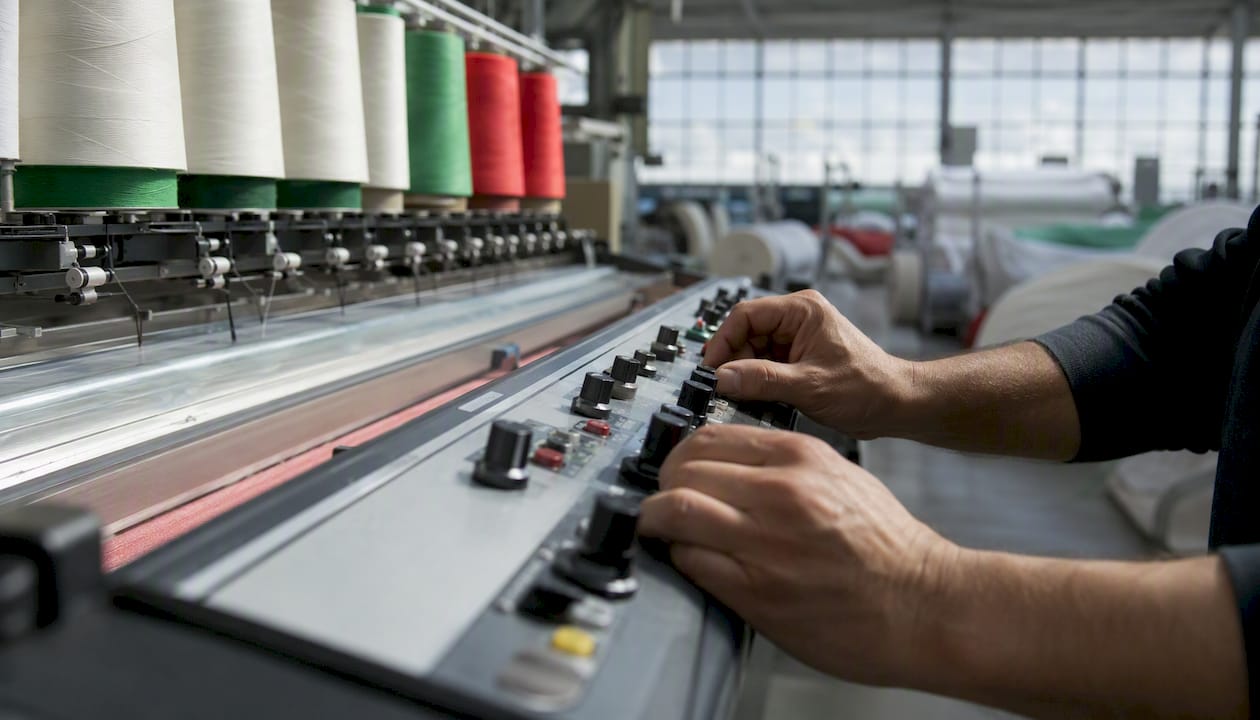 Unas manos regulan los mandos de una máquina textil.