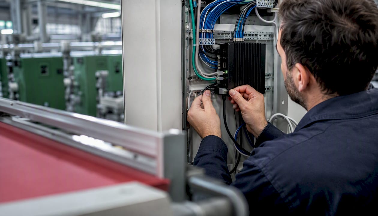 Manos conectando un panel de control en una máquina textil