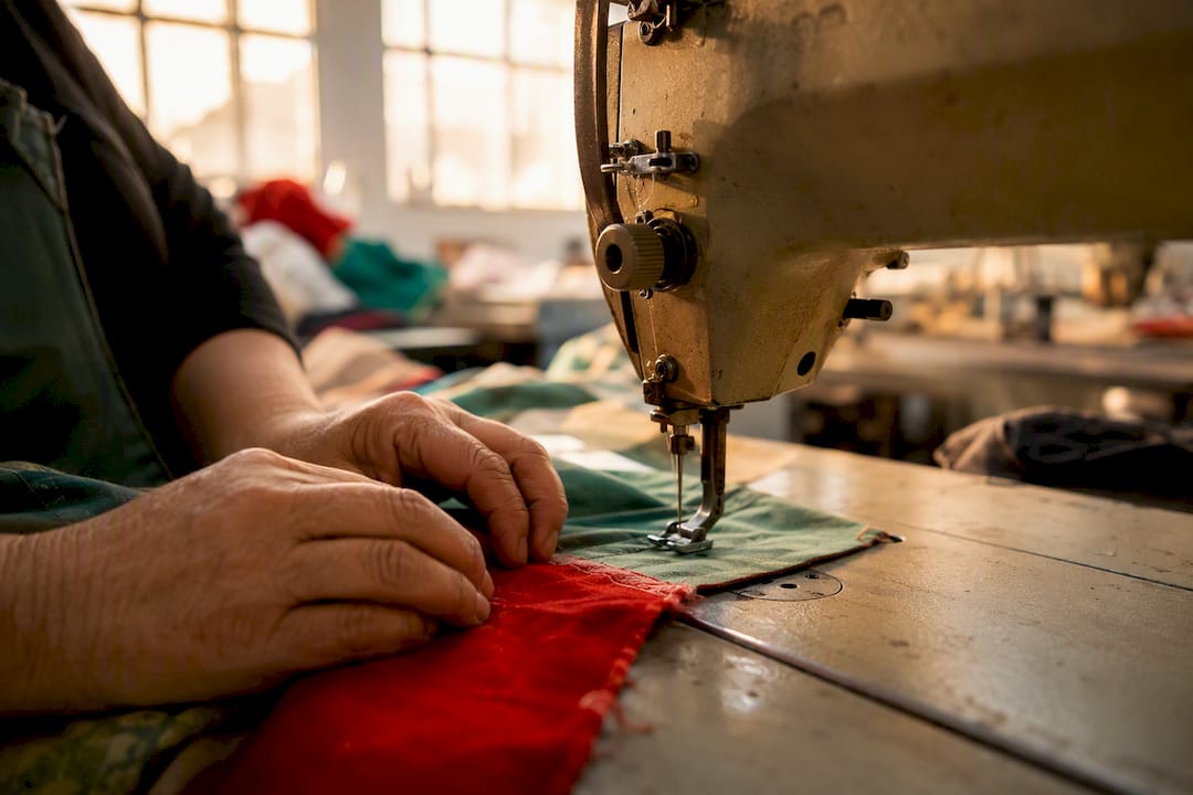 Manos cosiendo tela en una máquina industrial