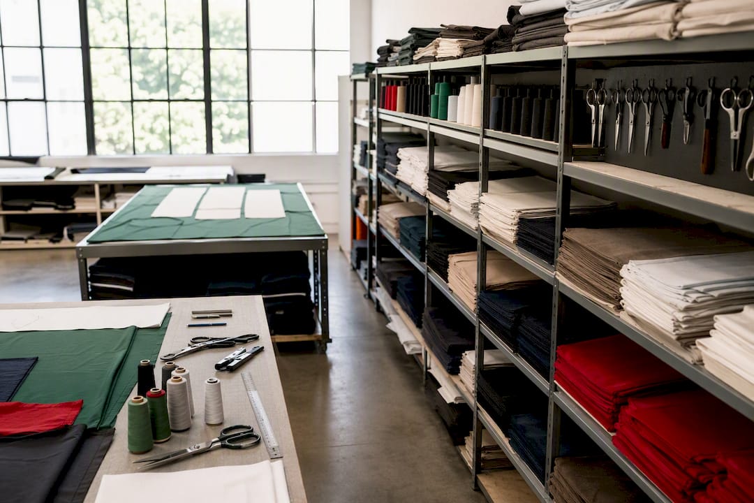Estación de trabajo textil organizada con piezas de tela
