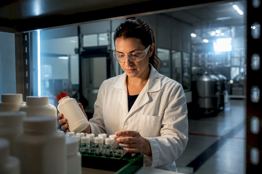 Técnica inspeccionando muestras químicas de textiles