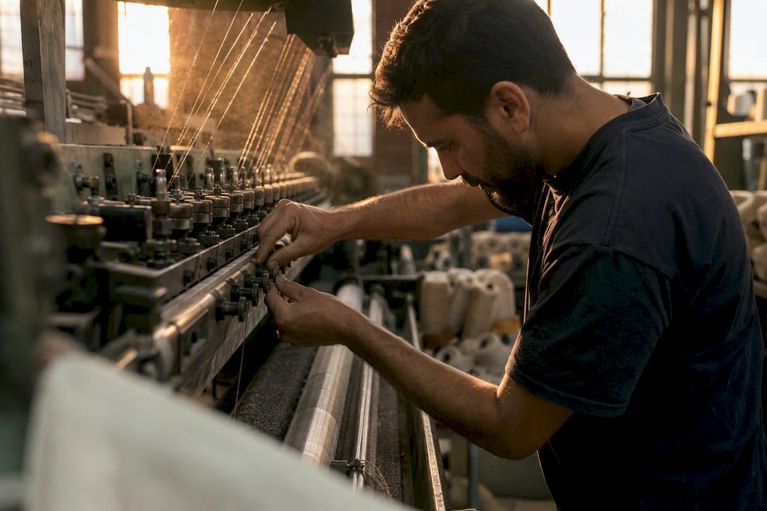 Manos ajustando las perillas de una máquina textil